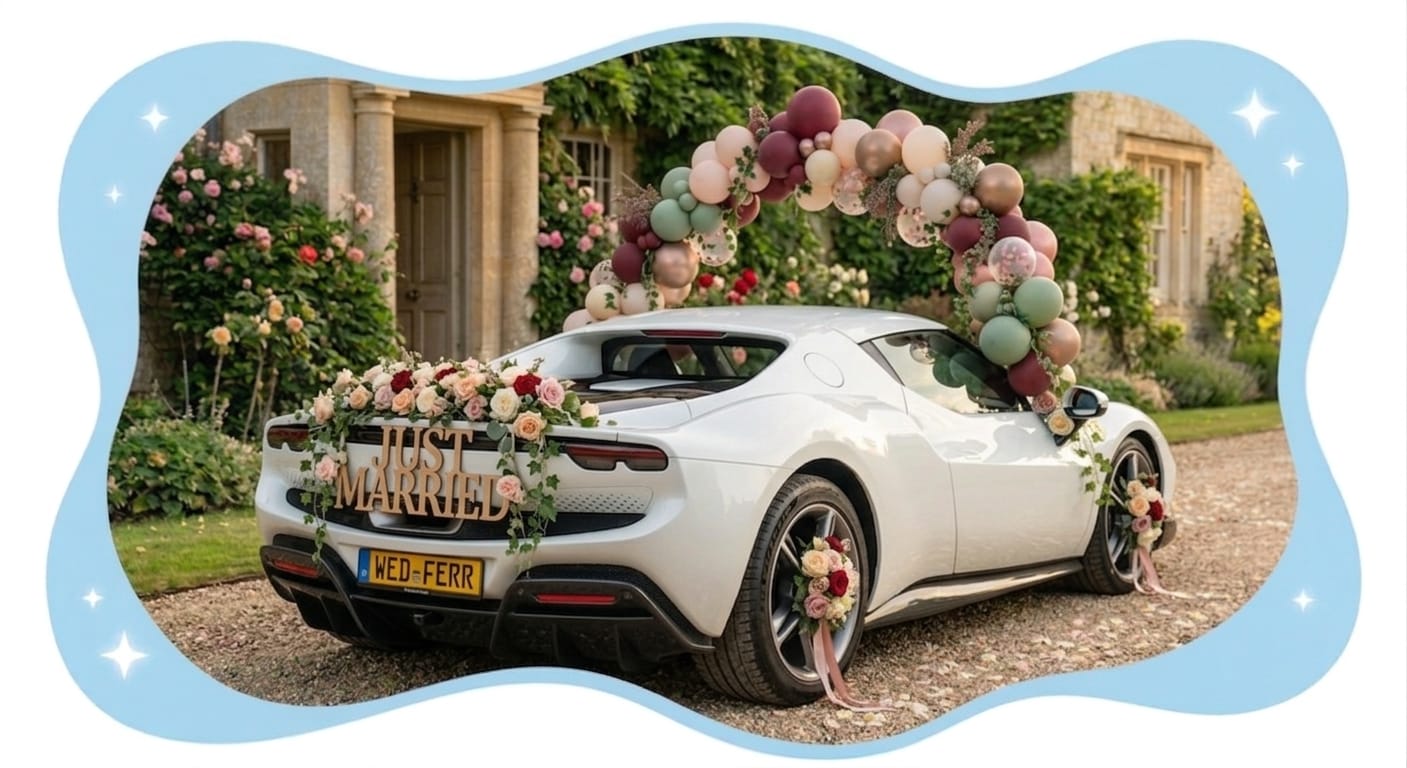 White Car Wedding Setup