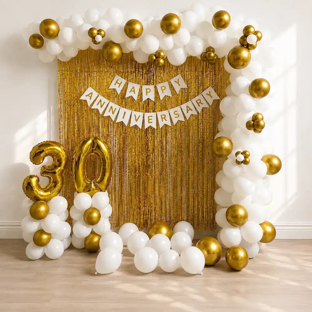 Premium White And Gold Anniversary Party Decoration With Balloon Arch