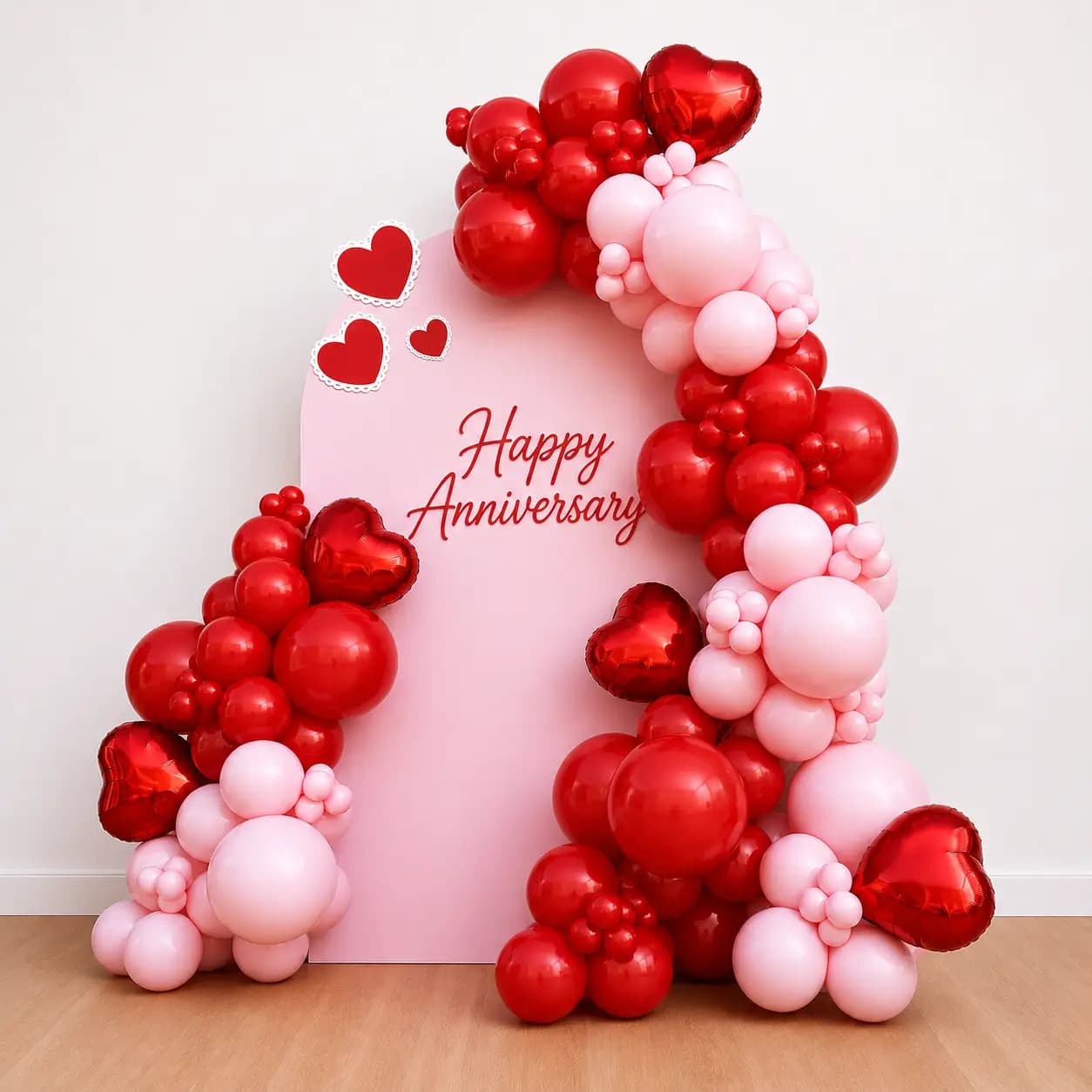 Romantic Anniversary Backdrop With Red And Pink Balloon Arch