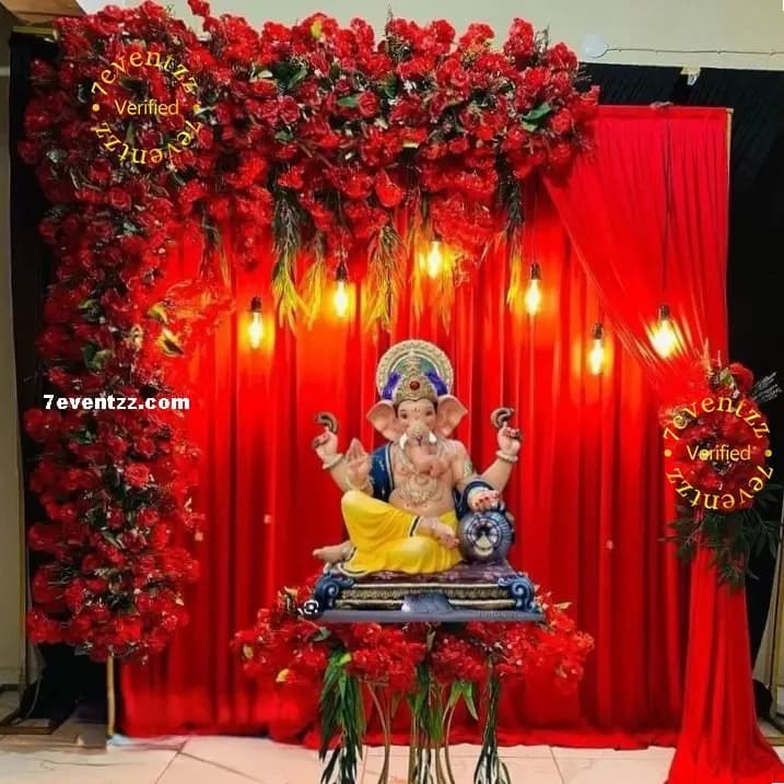 Red Theme Decoration For Ganesh Chaturthi