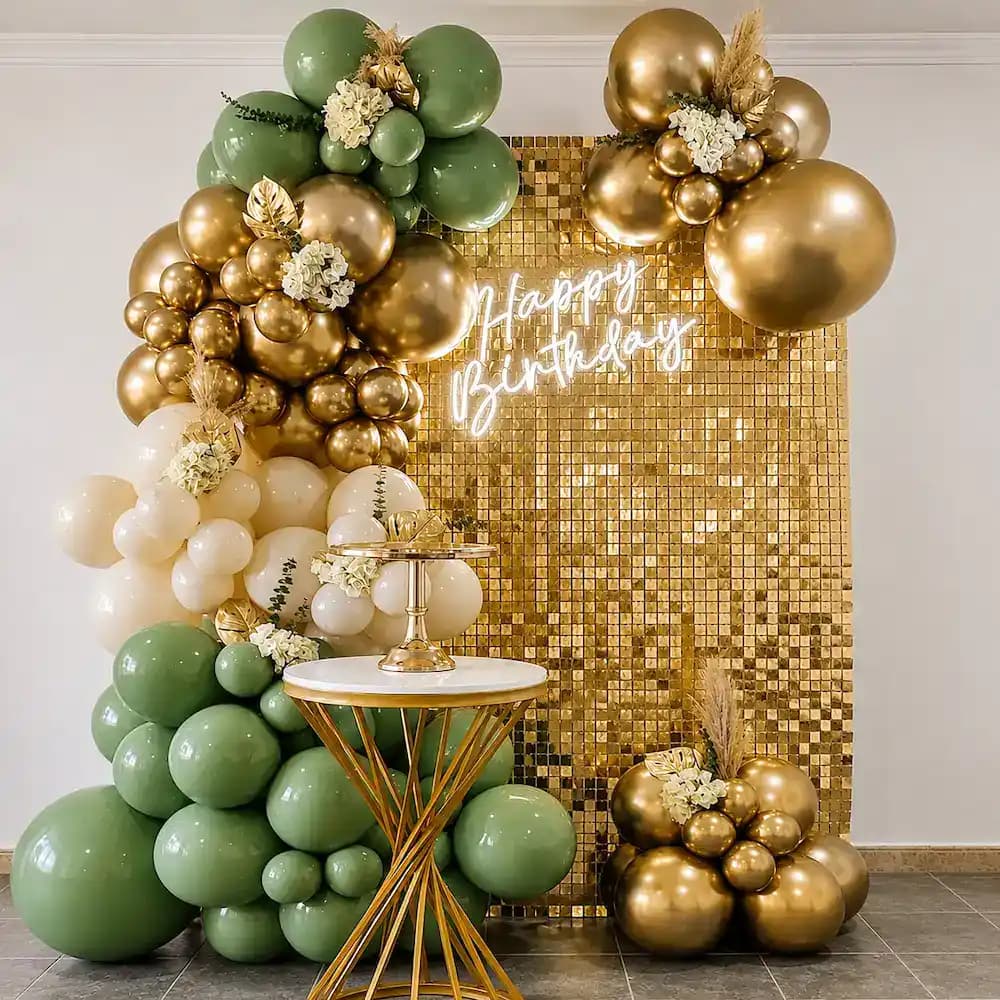 Elegant Sage Green and Gold Birthday Balloon Decoration