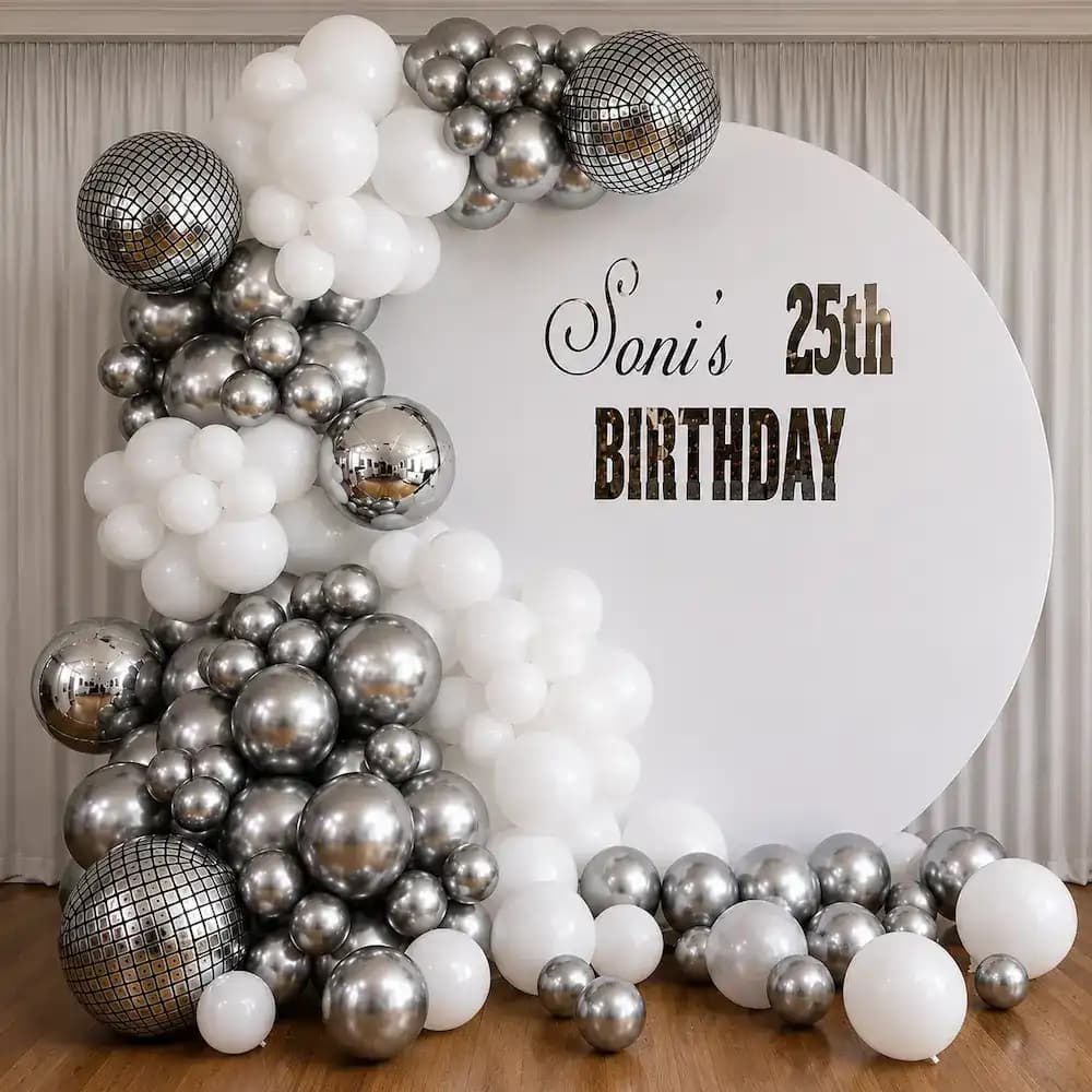 Modern Chrome Silver Balloon Arch Birthday Setup