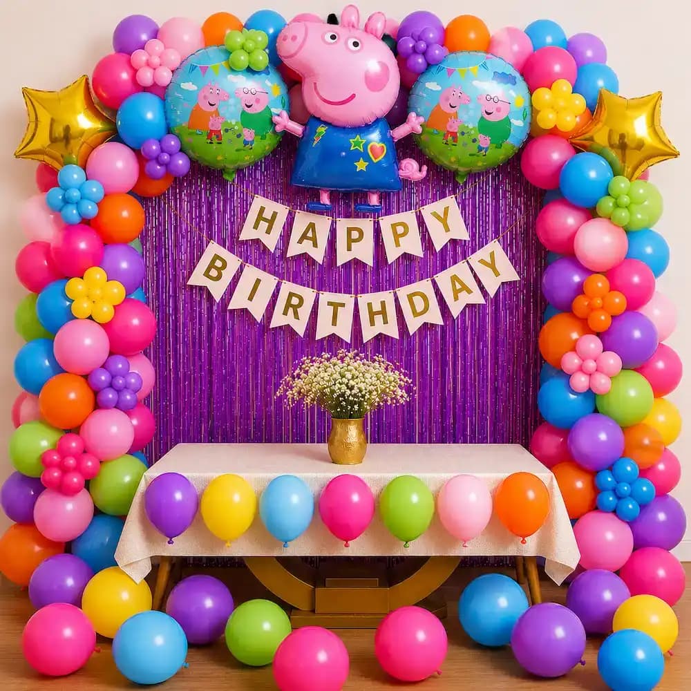 Peppa Pig Theme Birthday Decoration With Balloon Arch