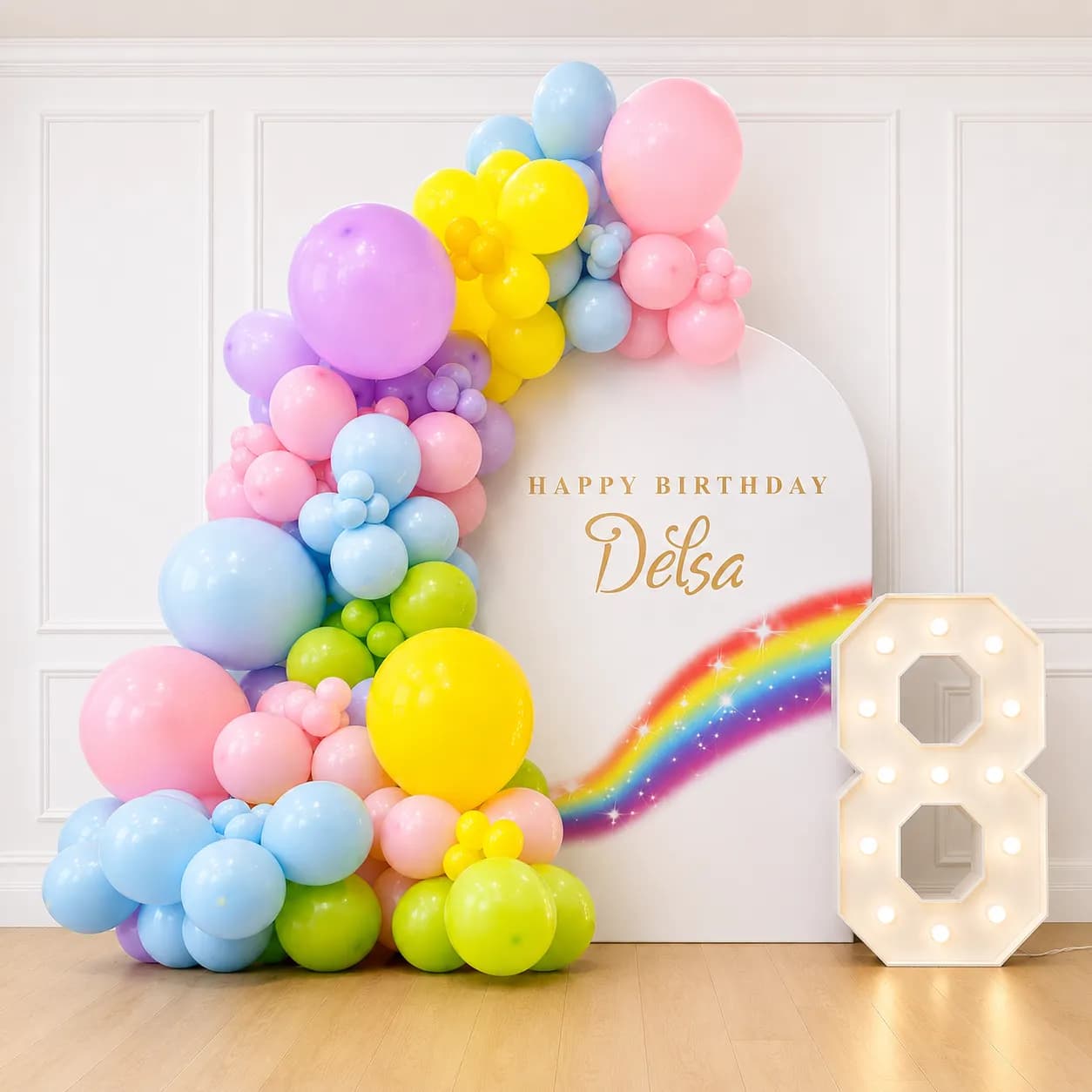Rainbow Theme Birthday Decoration With Pastel Balloon Arch